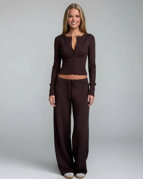 Ensemble Cocoon Vénaska — Gilet Court & Pantalon Fluide - Brun / 34