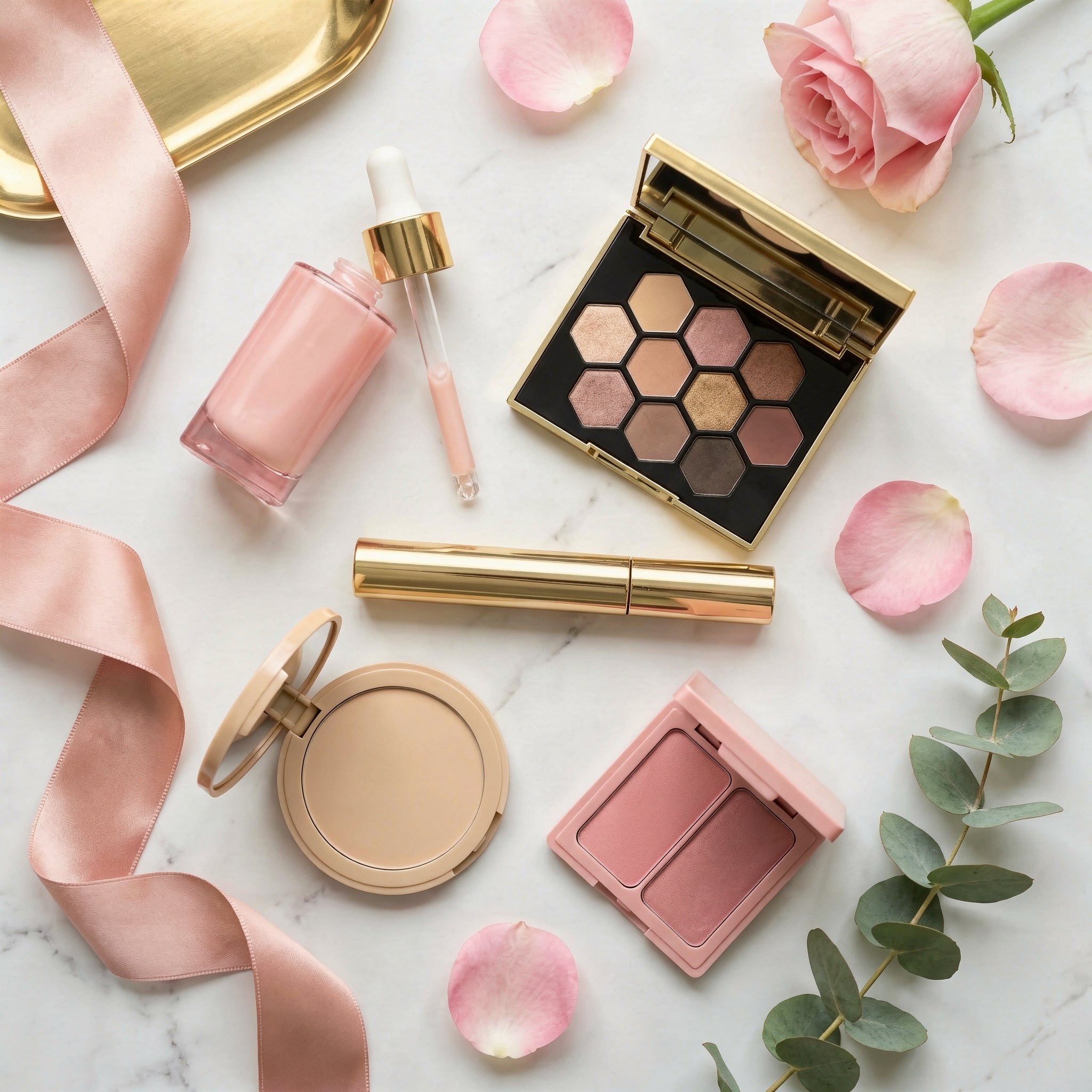 sélection de produits de beauté Onyxelle : le Sérum Visage Éclat Rosée de Zyvael, la Palette de Fards à Paupières Nalyra dorée et ouverte Image