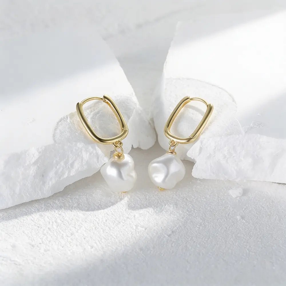 Alméra Pearl Drop Earrings worn — romantic pearl drops in gold, hypoallergenic