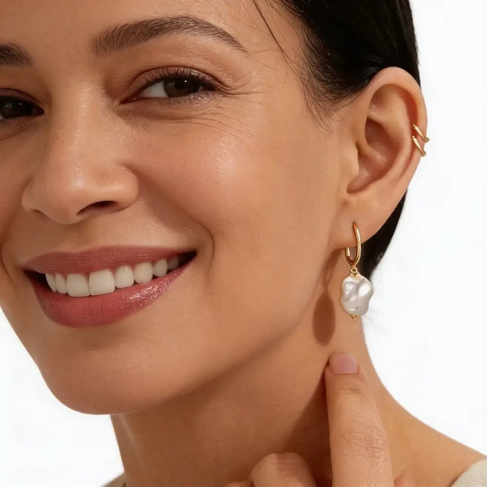 Alméra Pearl Drop Earrings side view — delicate pearl drop earrings, tarnish-resistant