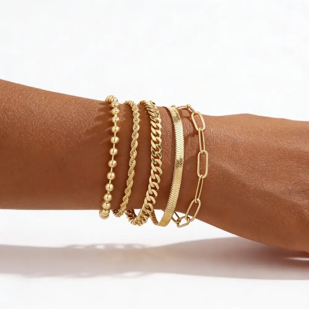 Althea Stack Bracelet Set detail — paperclip, rope, beaded chain mix