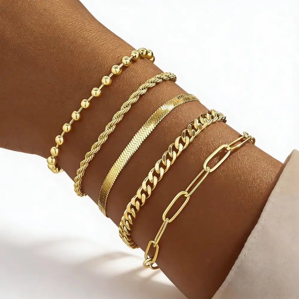 Althea Stack Bracelet Set close-up — mixed chain styles in gold