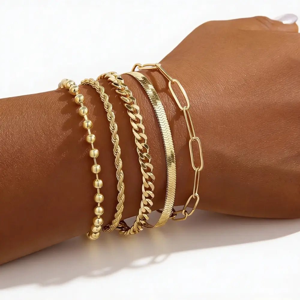Althea Stack Bracelet Set worn — layered gold bracelet stack, waterproof