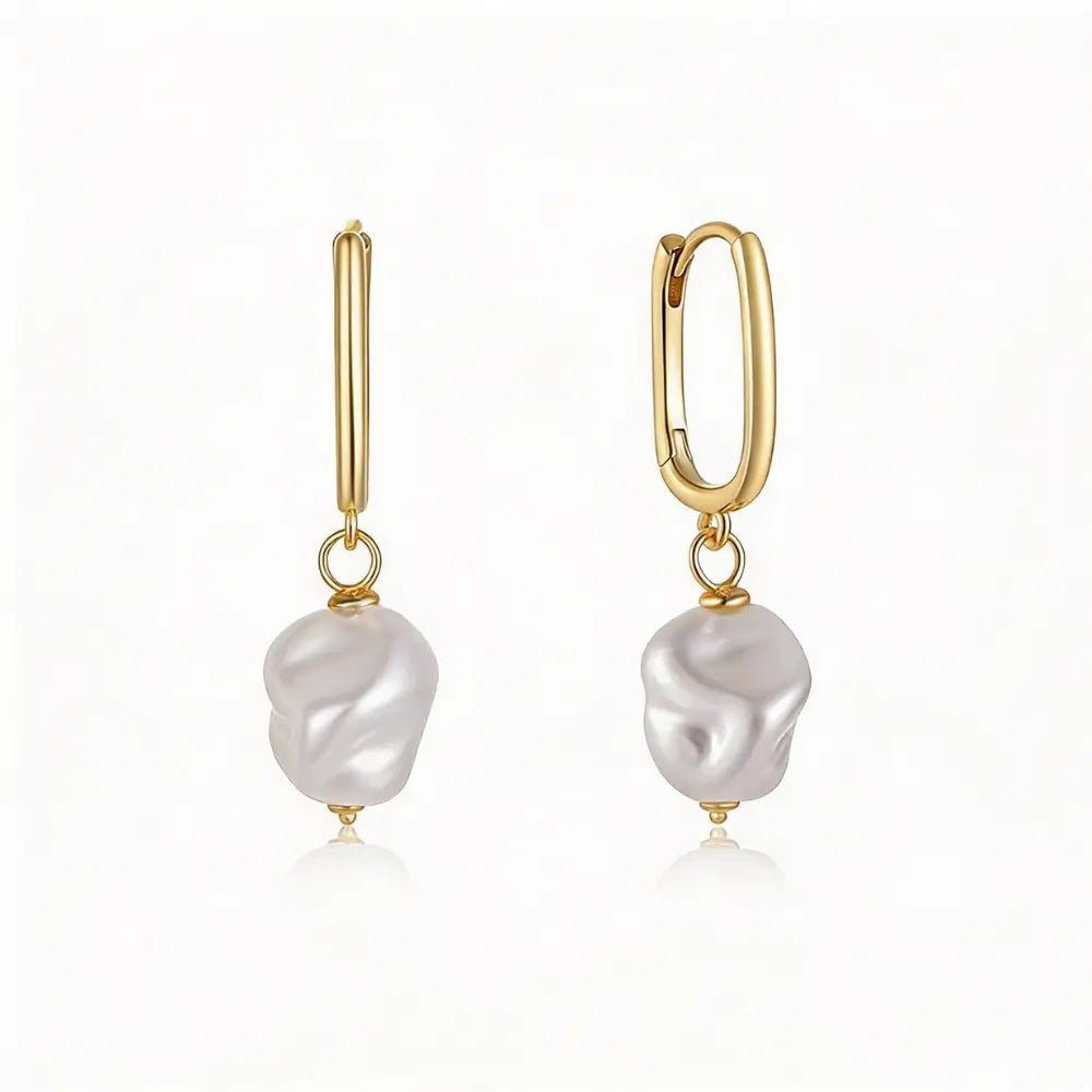 Alméra Pearl Drop Earrings pair — elegant gold pearl drops, waterproof