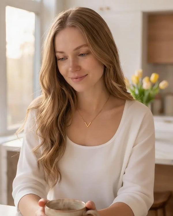 SOPHIA M. wearing the Selene V Pendant Necklace Rose Gold