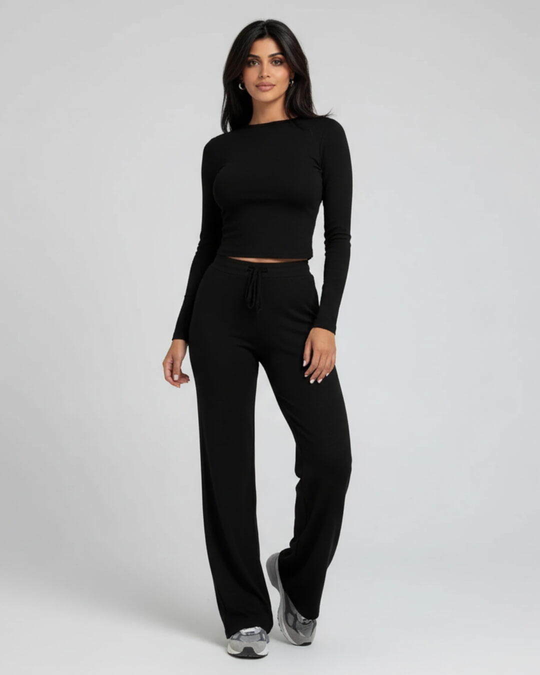 Ensemble Cocoon Aléane — Top Ajusté & Pantalon Évasé-Noir-