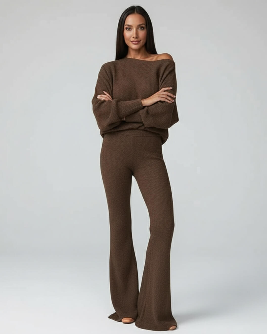 Ensemble Cocoon Arlène — Pull Ample & Pantalon Évasé-Brun-