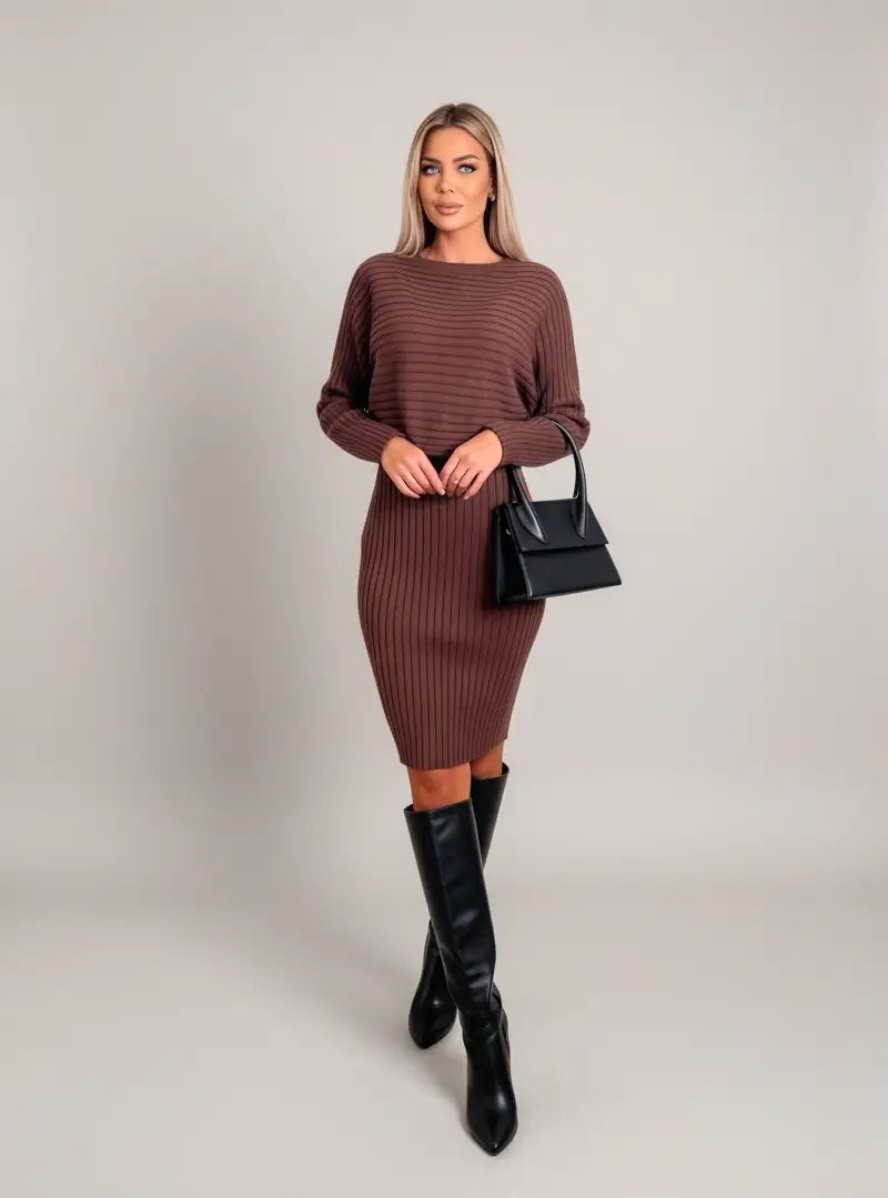 Ensemble Robe Midi et Pull en Maille Calypso-Marron-