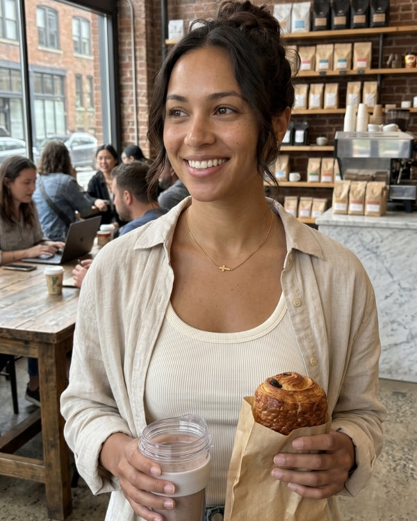 SOFIA M. wearing the Liora Cross Pendant Necklace