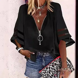 Blouse Zippée à Manches Évasées Soline Clémence - Noir / XS
