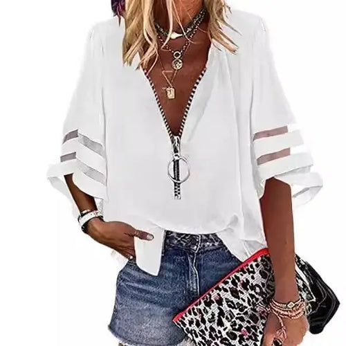 Blouse Zippée à Manches Évasées Soline Clémence - Blanc / XS