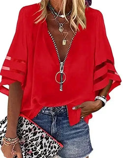 Blouse Zippée à Manches Évasées Soline Clémence - Rouge / XS