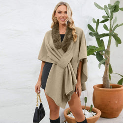 Cape Poncho à Col Fausse Fourrure Léna - Beige / Taille unique