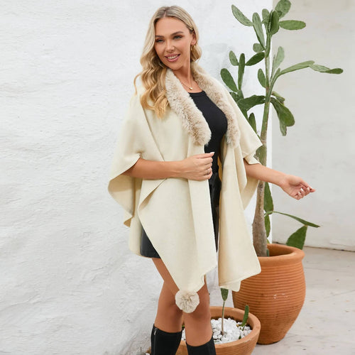 Cape Poncho à Col Fausse Fourrure Léna - Blanc / Taille unique