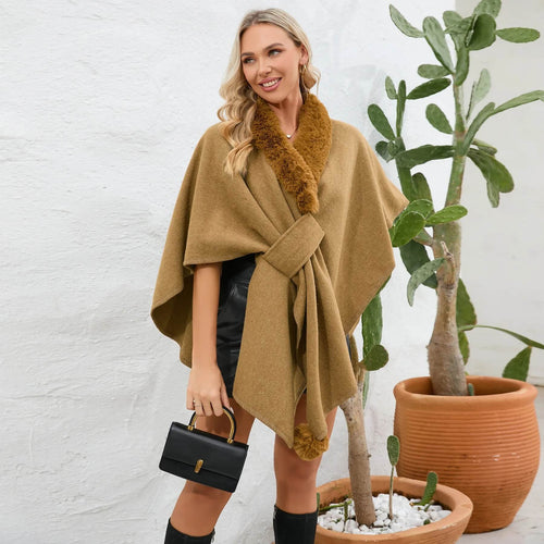 Cape Poncho à Col Fausse Fourrure Léna - Brun / Taille unique