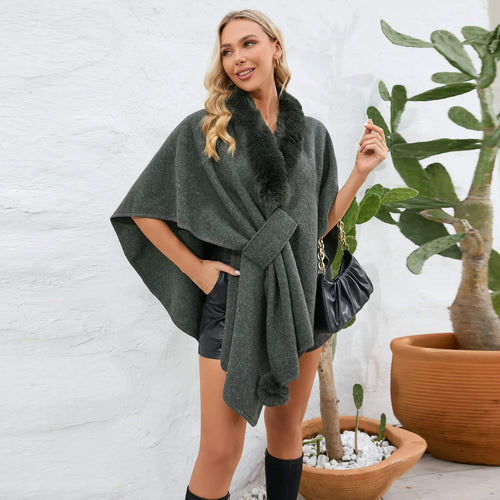 Cape Poncho à Col Fausse Fourrure Léna - Gris / Taille unique