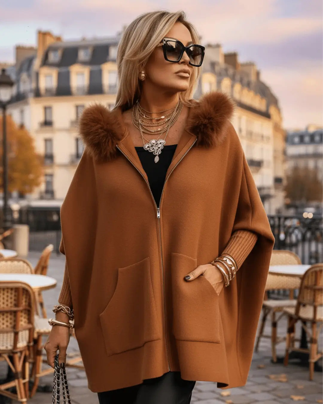 Cape-Veste à Capuche et Fausse Fourrure Ellyse-Blanc-