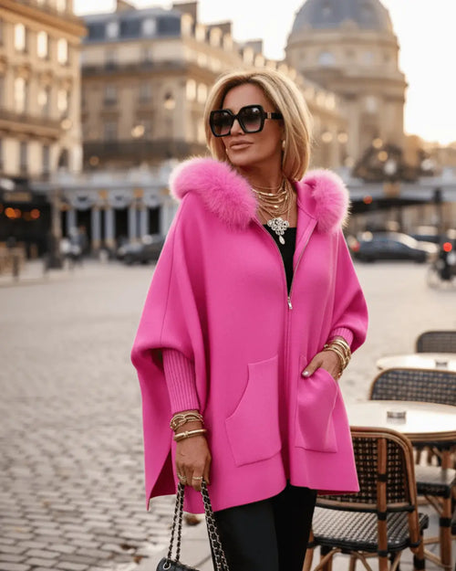 Cape-Veste à Capuche et Fausse Fourrure Ellyse - Fushia / 34