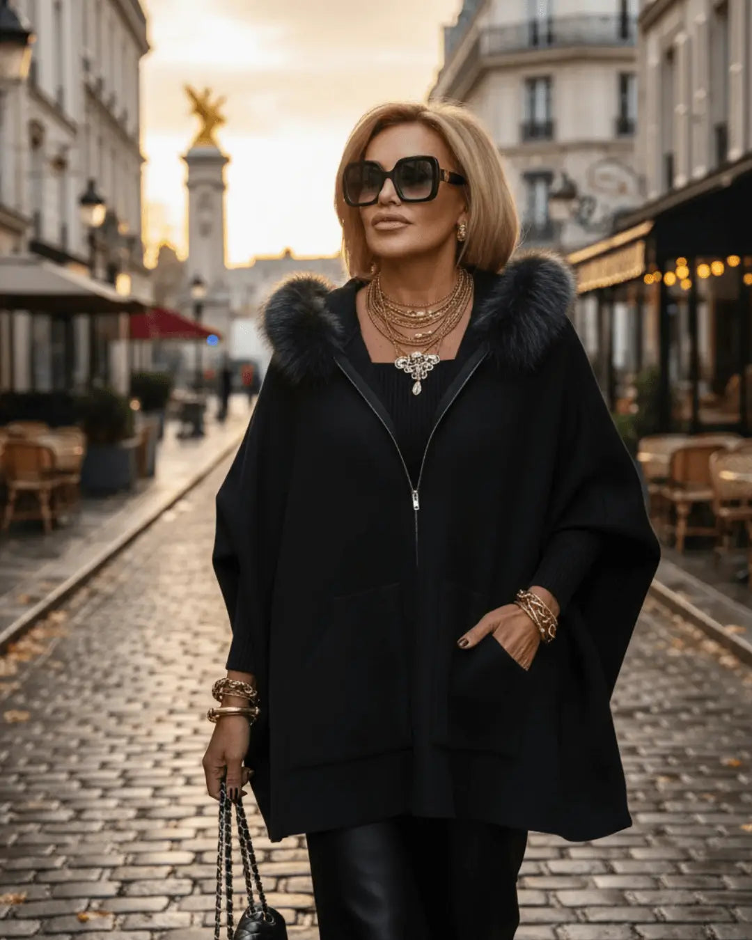 Cape-Veste à Capuche et Fausse Fourrure Ellyse-Blanc-