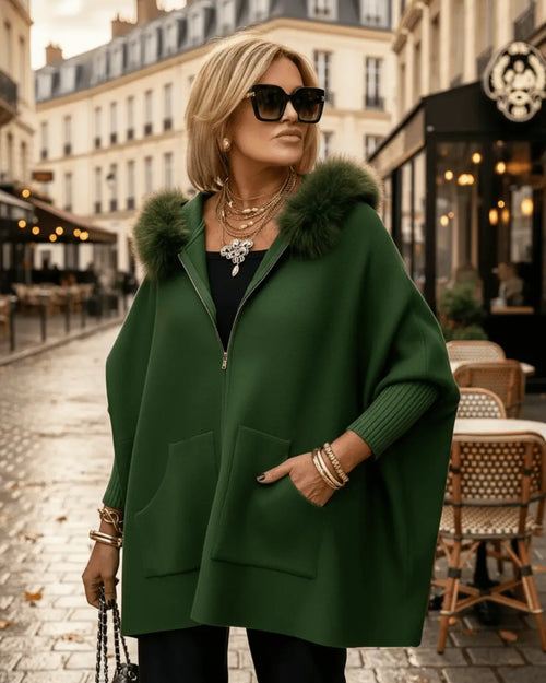 Cape-Veste à Capuche et Fausse Fourrure Ellyse - Vert / 34