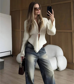 Cardigan en Maille Épaisse à Manches Larges Émeraude - Blanc / 34