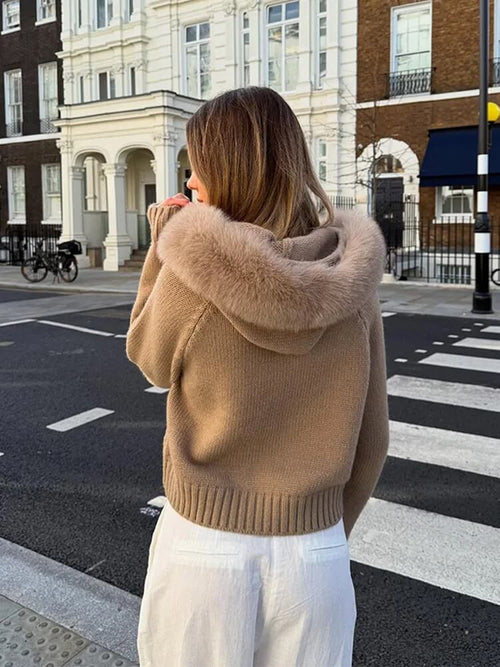 Cardigan Tricoté Zippé Col Fausse Fourrure Marjolaine