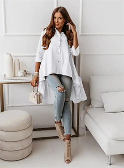 Chemise longue asymétrique à manches longues Apolline - Blanc / XS