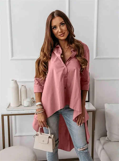 Chemise longue asymétrique à manches longues Apolline - Rose / XS