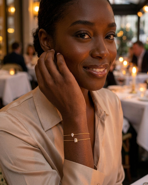 WREN T. wearing the Lila Delicate Stone Bracelet