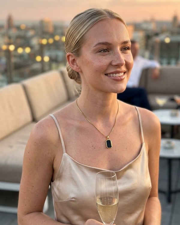 AVA L. wearing the Vesper Rectangle Pendant Necklace