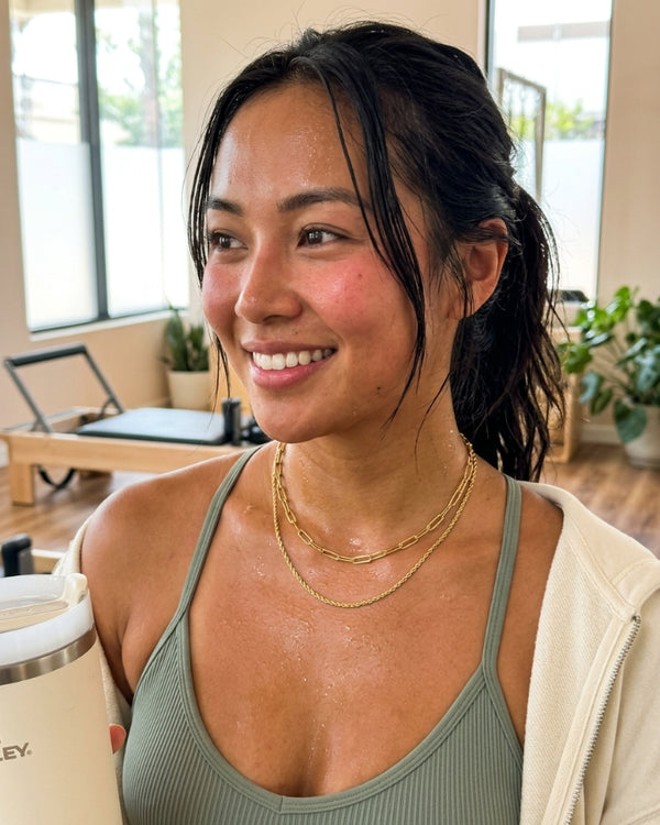 EMERY K. wearing the Nyra Layered Necklace Duo