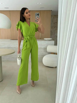 Combinaison Pantalon Cache-Cœur Ceinturée Adélaïde - Vert / XS