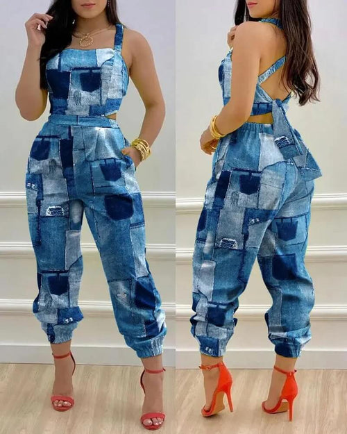 Combinaison pantalon imprimée à bretelles Maëlys - Bleu / 34