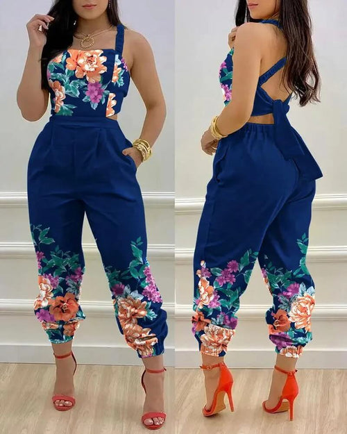 Combinaison pantalon imprimée à bretelles Maëlys - Bleu Royal / 34
