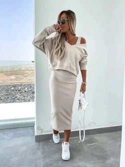 Ensemble 2 Pièces Robe Midi et Pull Large Angèle - Abricot / XS