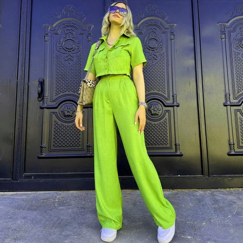 Ensemble Chemise Crop et Pantalon Large Alyvée - Vert / 34