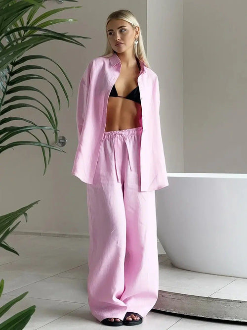 Ensemble Chemise et Pantalon en Lin Estelle Rose / XS