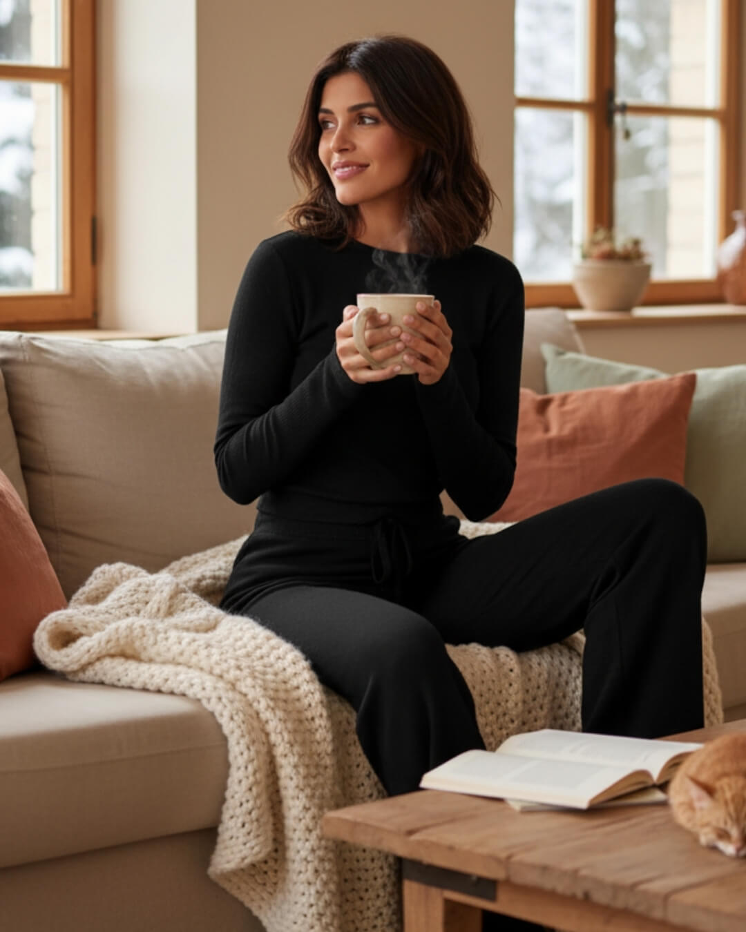 Ensemble Cocoon Aléane — Top Ajusté & Pantalon Évasé-Noir-