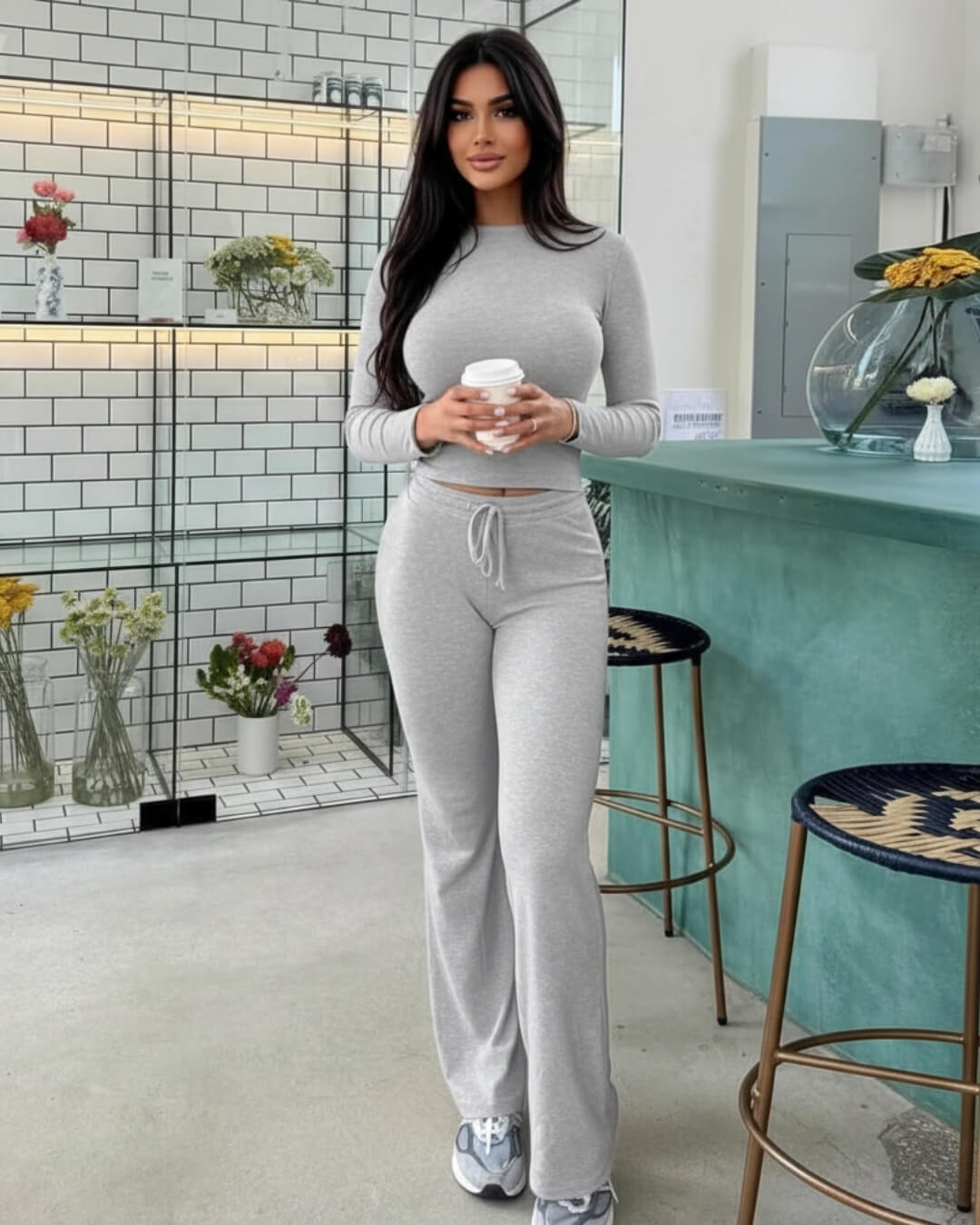 Ensemble Cocoon Aléane — Top Ajusté & Pantalon Évasé-Noir-