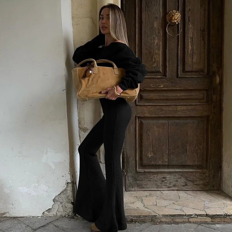 Ensemble Cocoon Arlène — Pull Ample & Pantalon Évasé-Brun-