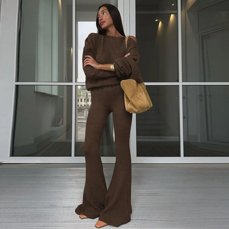 Ensemble Cocoon Arlène — Pull Ample & Pantalon Évasé-Brun-