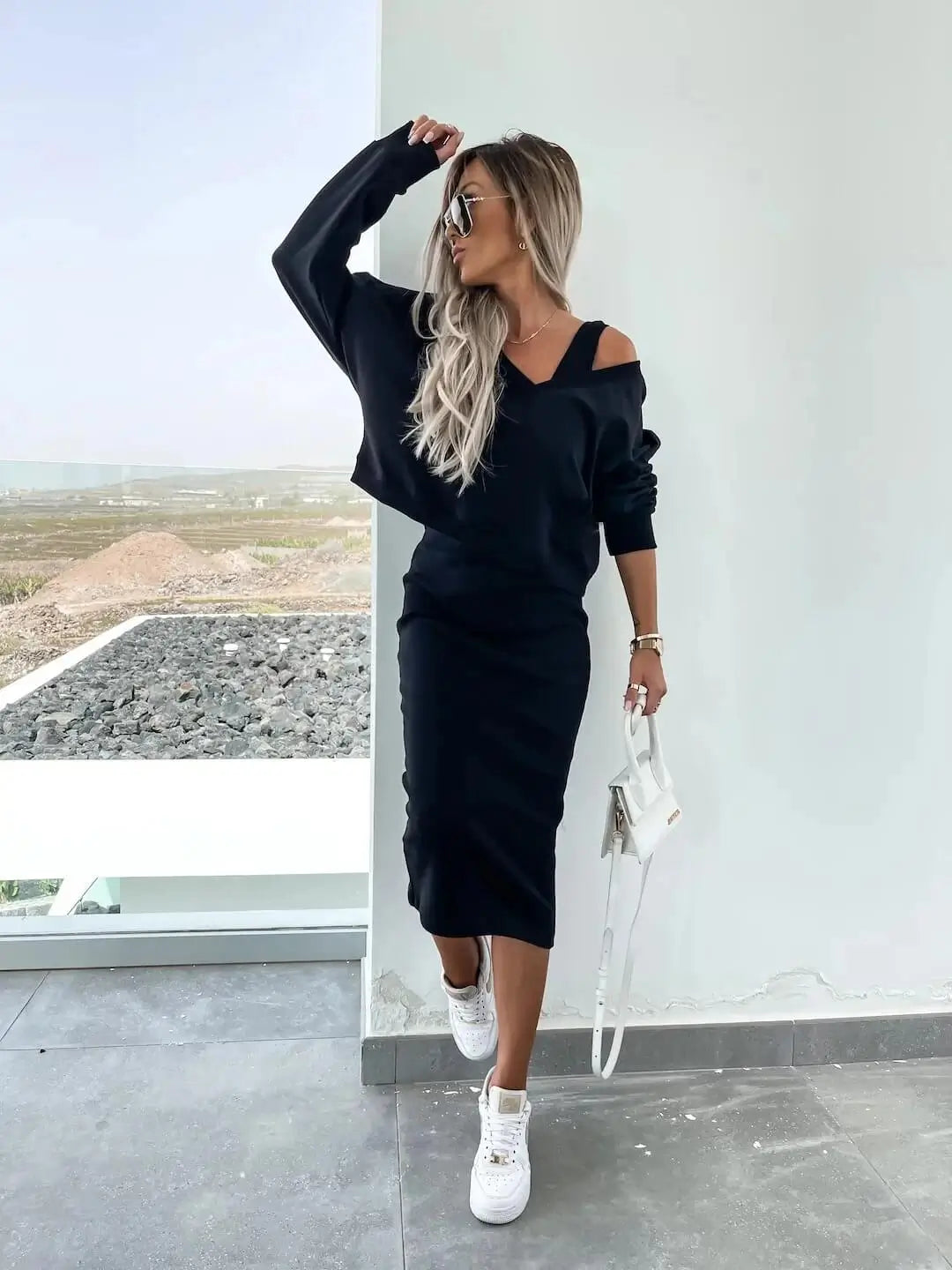 Ensemble Cocoon Lysiane — Robe Midi & Pull Oversize-Noir-