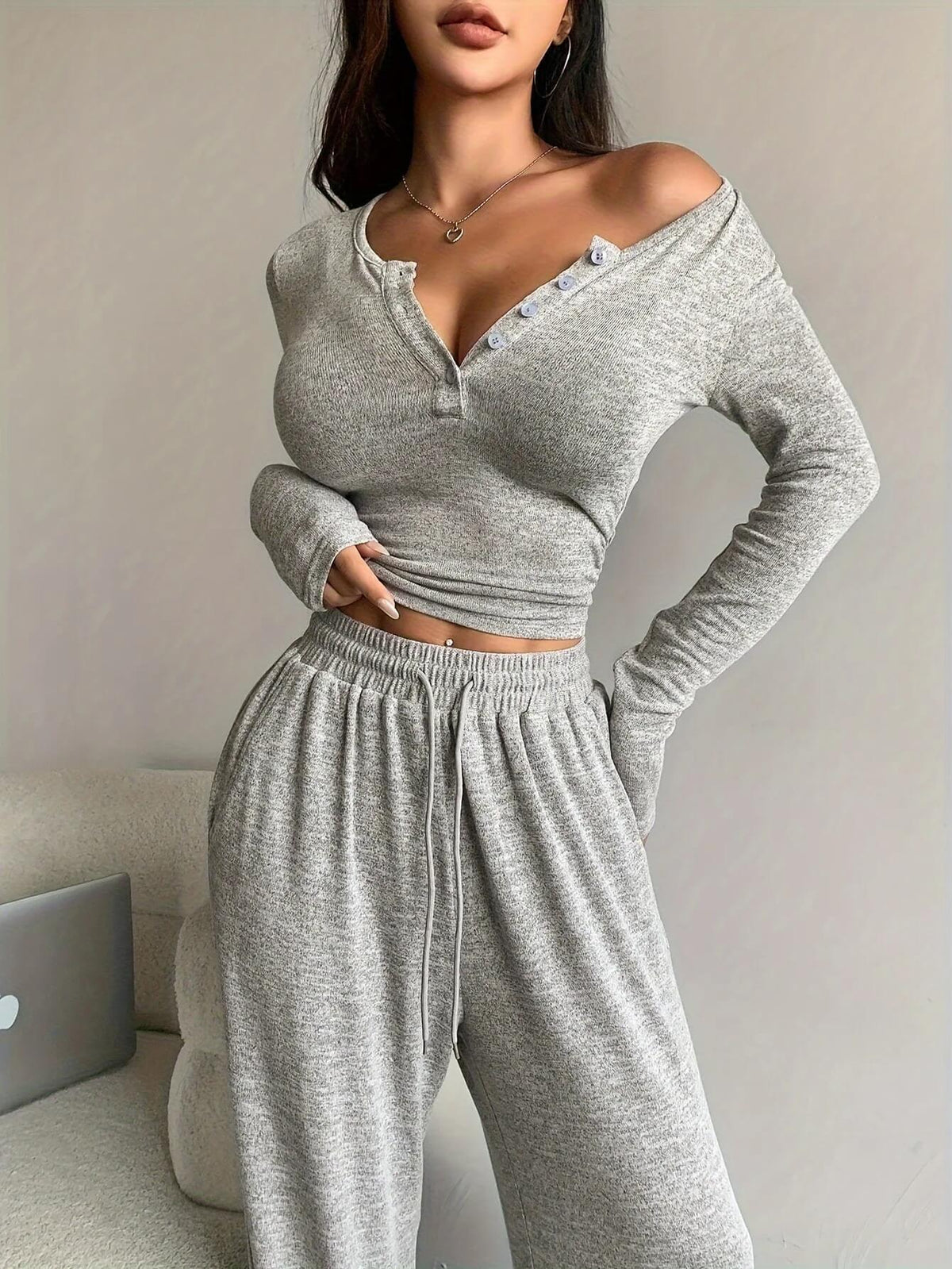 Ensemble Cocoon Malvine — Top Long & Pantalon Fluide-Gris Sauge-