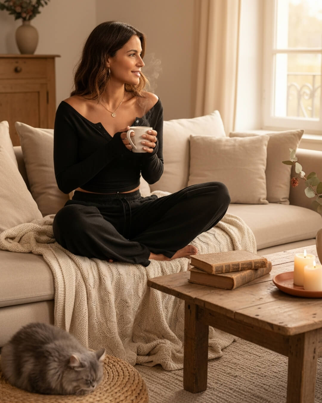 Ensemble Cocoon Malvine — Top Long & Pantalon Fluide-Gris Sauge-