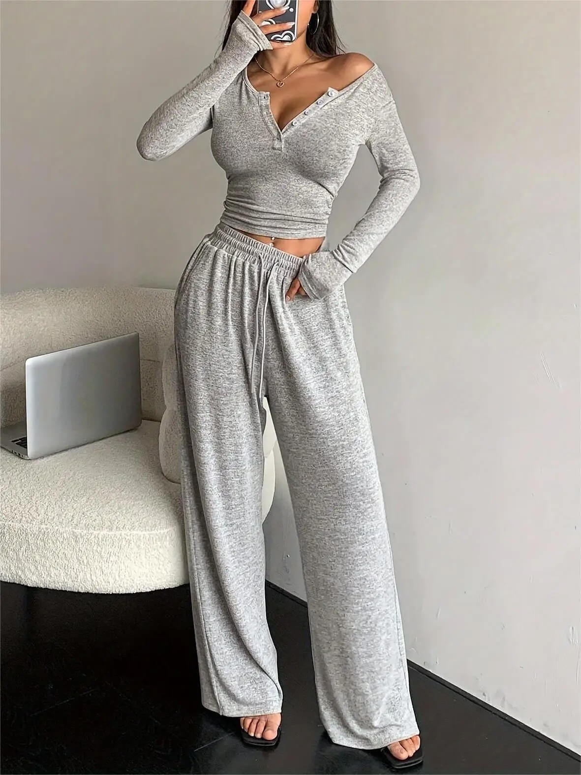 Ensemble Cocoon Malvine — Top Long & Pantalon Fluide-Gris Sauge-
