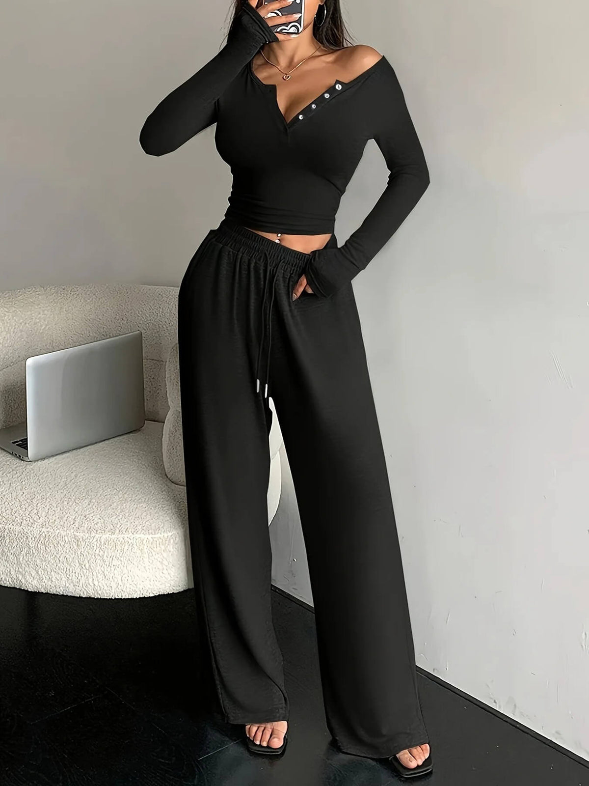 Ensemble Cocoon Malvine — Top Long & Pantalon Fluide-Gris Sauge-