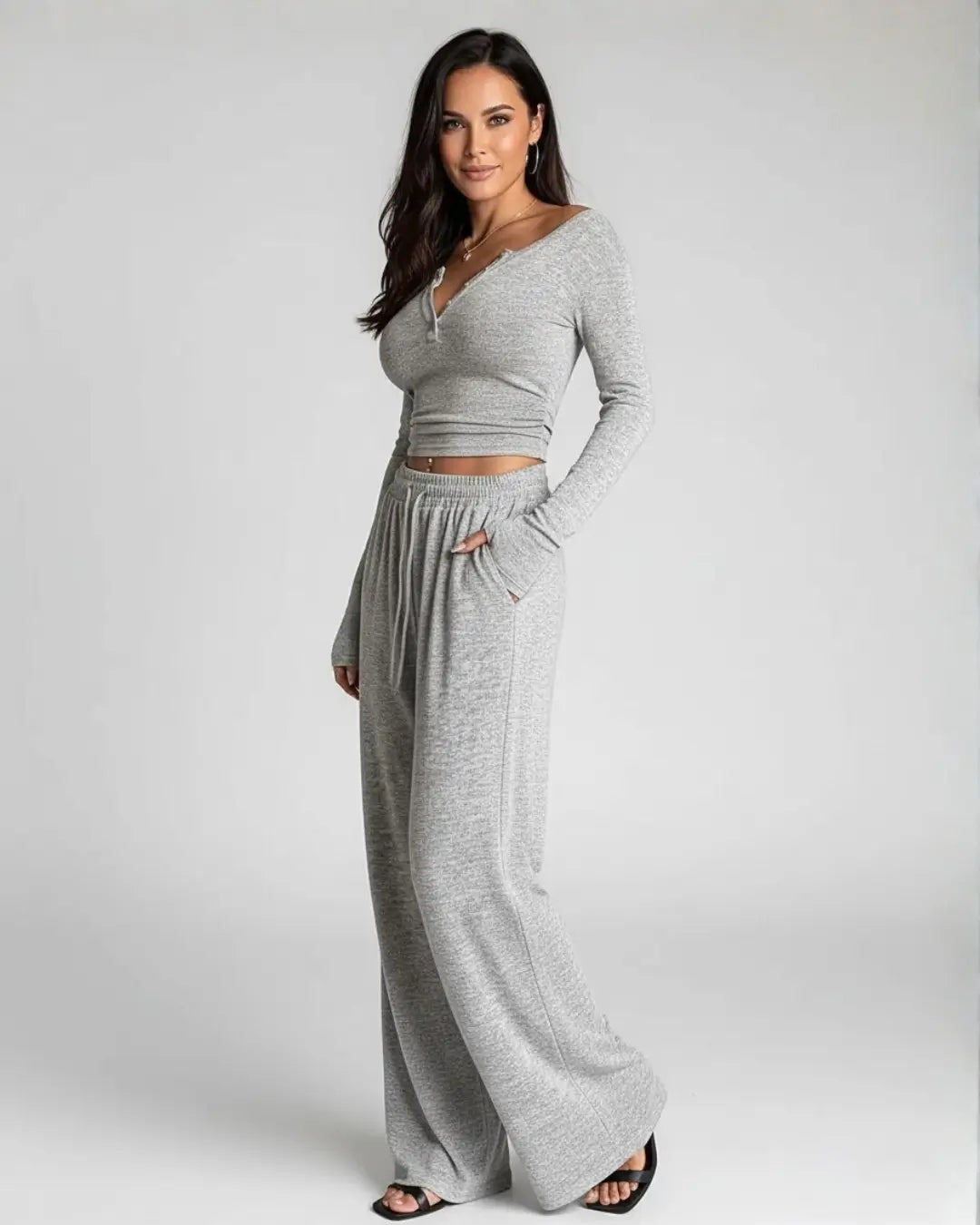 Ensemble Cocoon Malvine — Top Long & Pantalon Fluide-Gris Sauge-