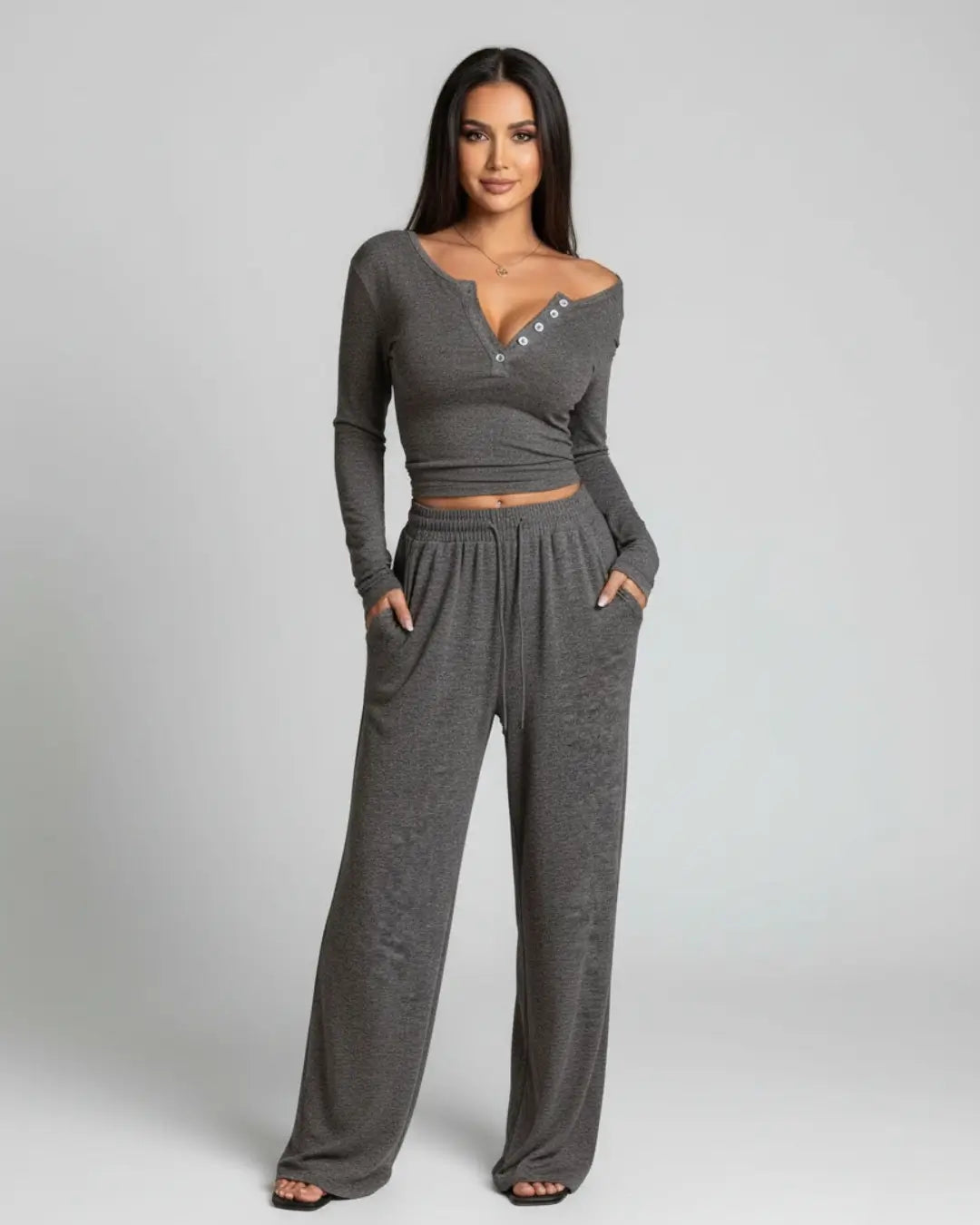 Ensemble Cocoon Malvine — Top Long & Pantalon Fluide-Gris Sauge-