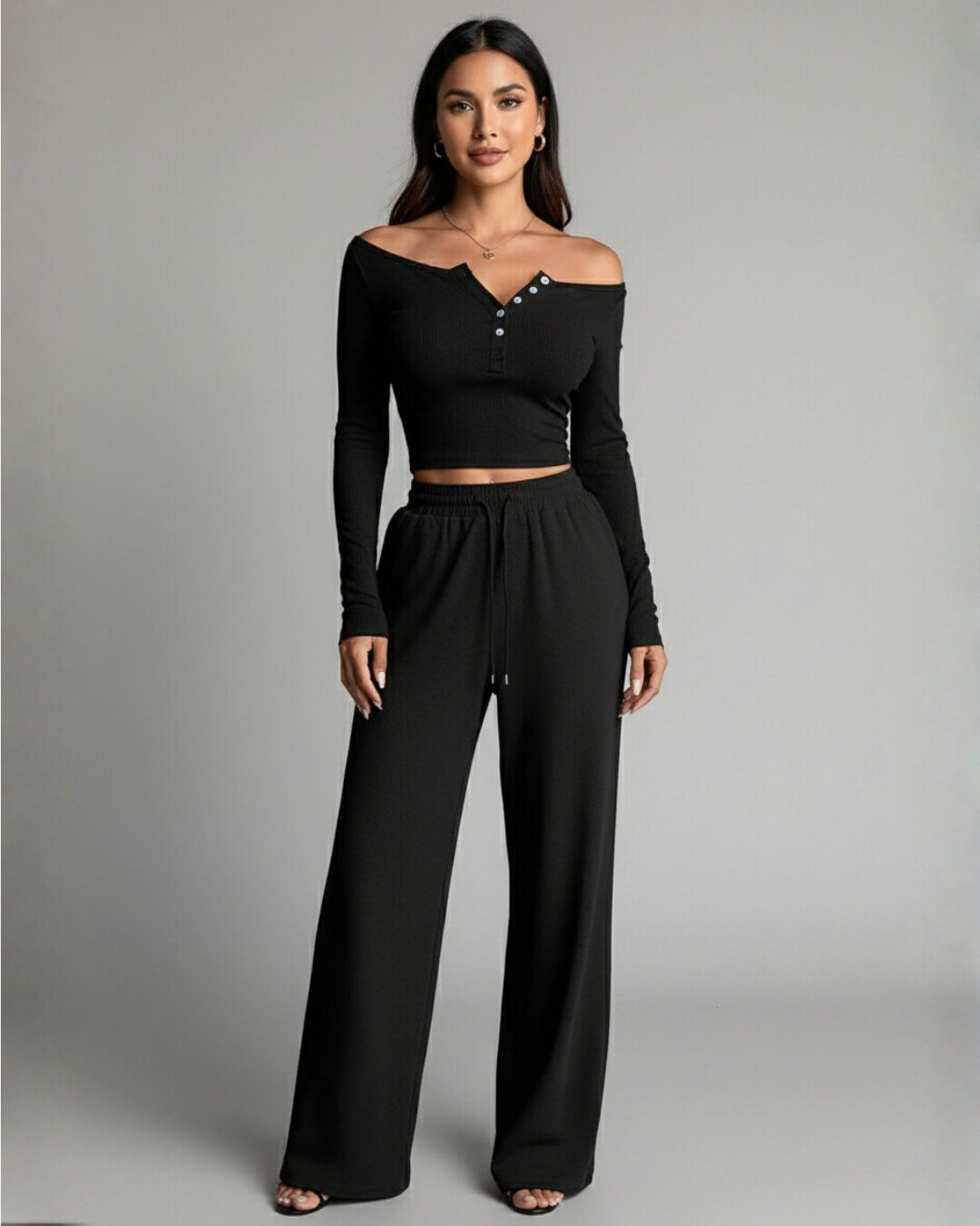 Ensemble Cocoon Malvine — Top Long & Pantalon Fluide-Gris Sauge-