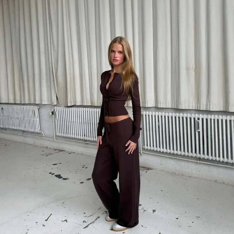 Ensemble Cocoon Vénaska — Gilet Court & Pantalon Fluide-Brun-